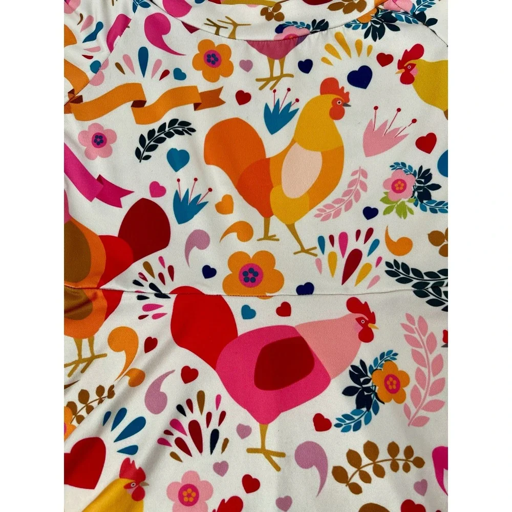 Girls Chicken Rooster Floral Dress Youth 9-10 Cottagecore Short Sleeve Twirl